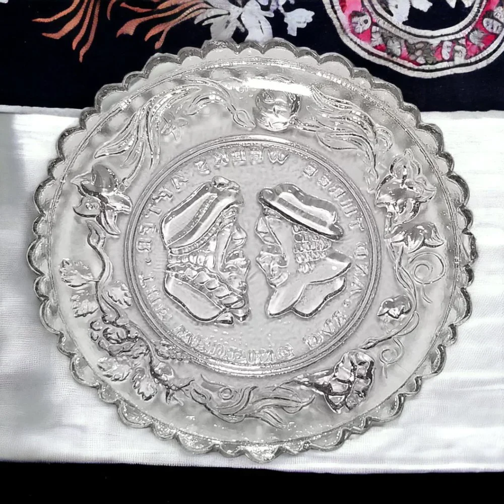 EAPG Mini Clear Glass Plates Westmoreland The Wedding Day & Hearts & Lyre 1930